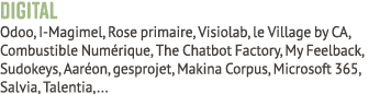 digital Odoo, I Magimel, Rose primaire, Visiolab, le Village by CA, Combustible Num rique, The Chatbot Factory, My Fe...