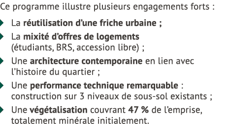 Ce programme illustre plusieurs engagements forts : � La r utilisation d’une friche urbaine ; � La mixit d’offres de...