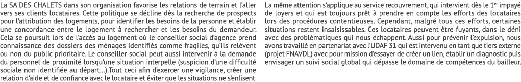 La SA DES CHALETS dans son organisation favorise les relations de terrain et l’aller vers ses clients locataires. Cet...