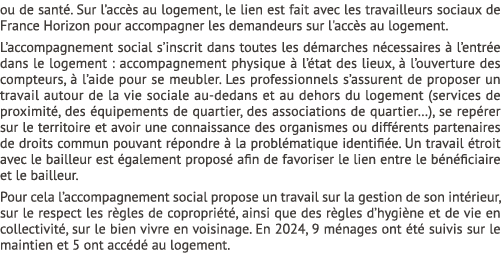 ou de sant . Sur l’acc s au logement, le lien est fait avec les travailleurs sociaux de France Horizon pour accompagn...