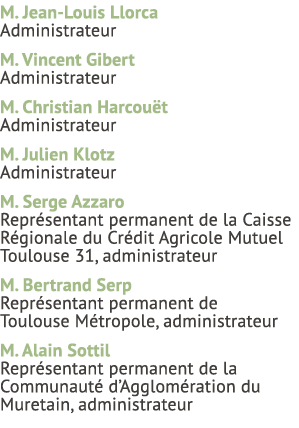 M. Jean Louis Llorca Administrateur M. Vincent Gibert Administrateur M. Christian Harcou t Administrateur M. Julien K...
